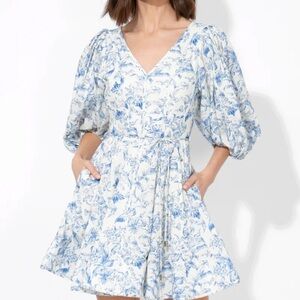 Adelyn Rae Toile Dress with Blue and White Floral Design NWT